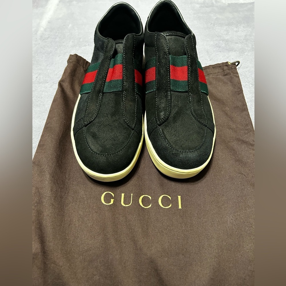 Gucci Black Suede Web Stripe Slip-On Sneakers Size 7.5 - Picture 3 of 15